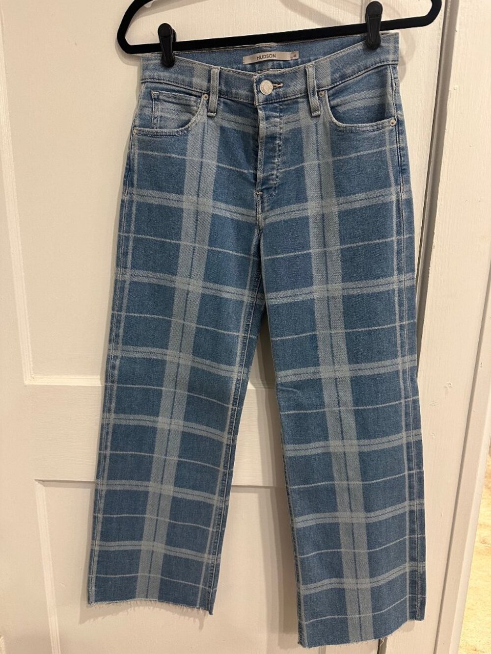 Hudson Plaid Wide Leg Cropped Jeans Raw Hem Size 26